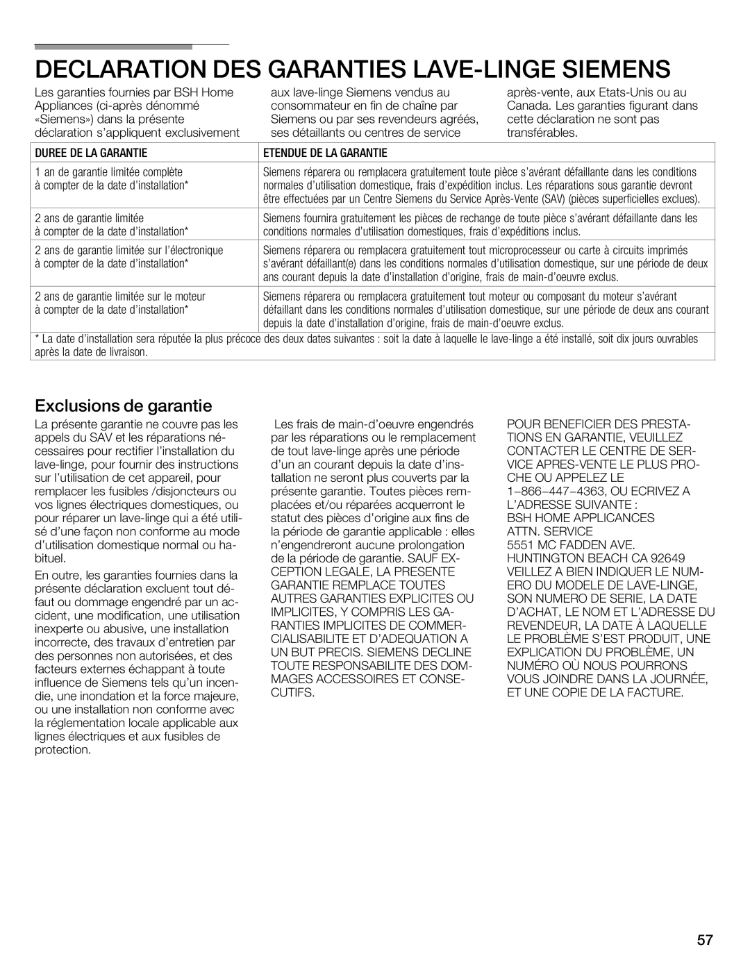 Siemens WFXD5202UC manual Declaration DES Garanties LAVEfLINGE Siemens, Exclusions Garantie 