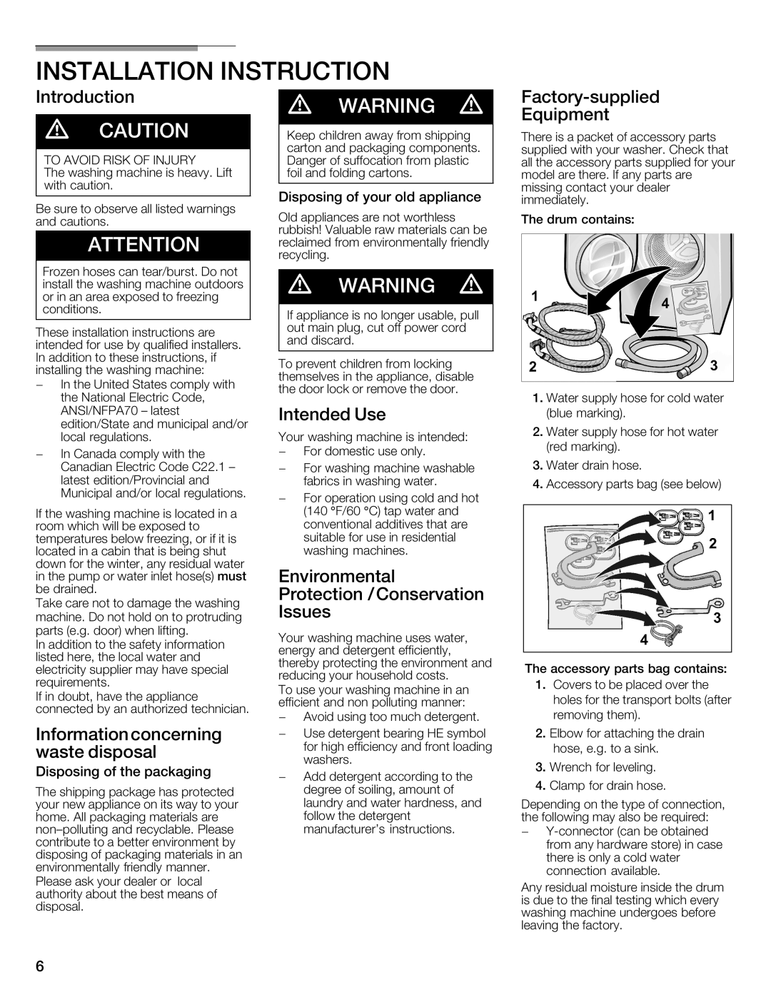 Siemens WFXD5202UC manual Installation Instruction 