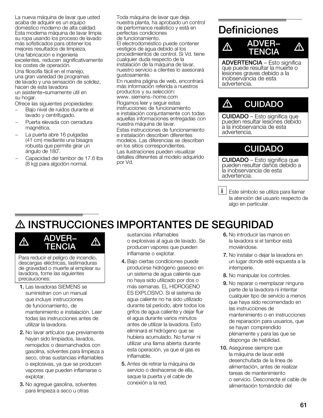 Siemens WFXD5202UC manual Definiciones, Instrucciones Importantes DEeSEGURIDAD 