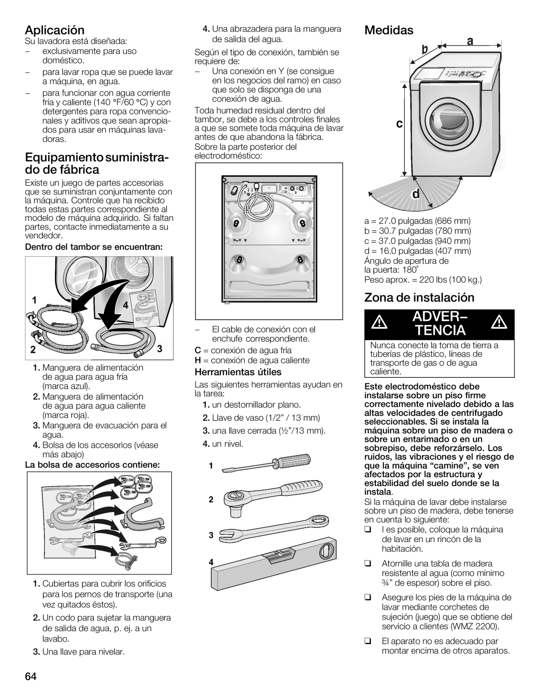 Siemens WFXD5202UC manual Aplicación, Zona de instalación, Herramientas útiles 