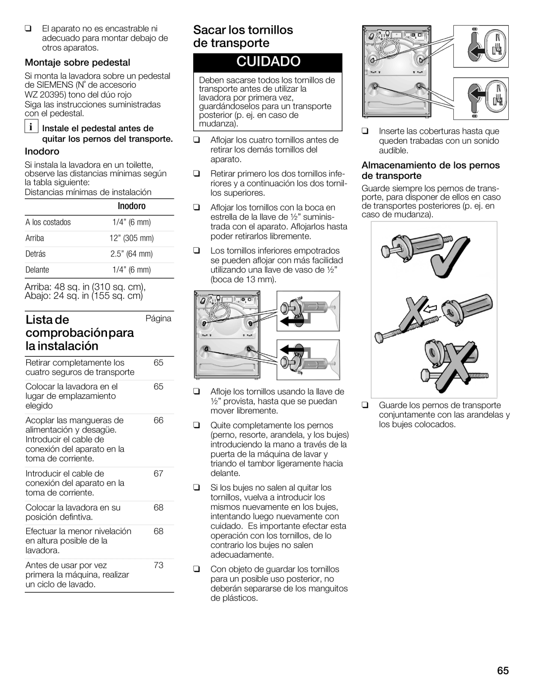 Siemens WFXD5202UC manual Lista de comprobación para la instalación, Montaje sobre pedestal, Almacenamiento de los pernos 