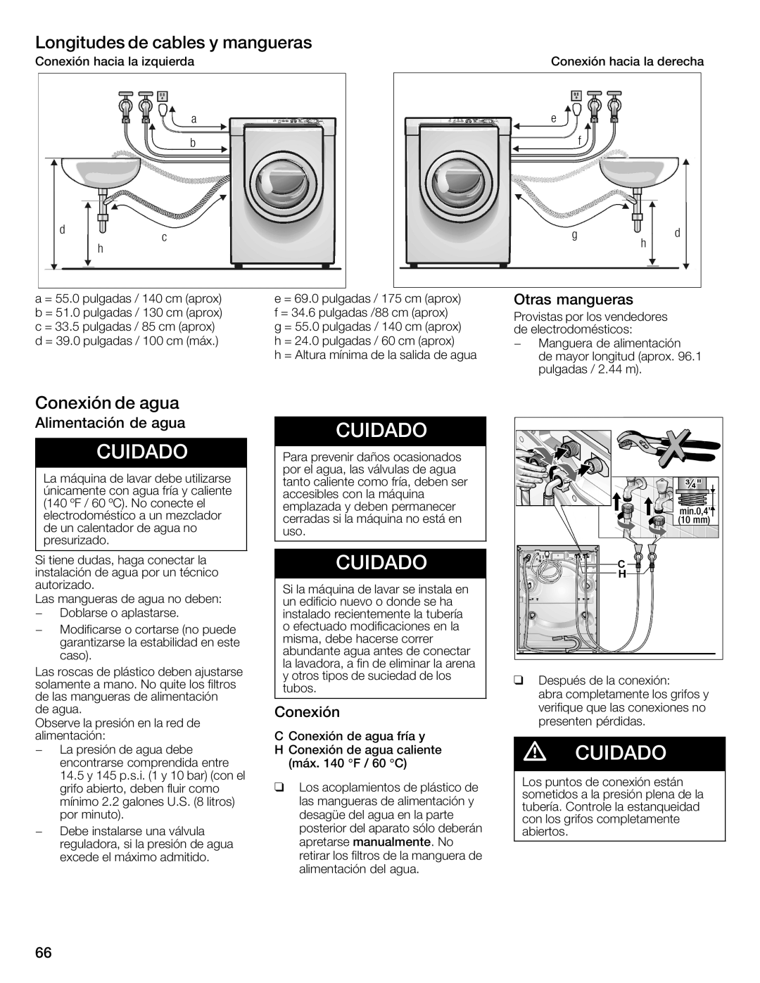 Siemens WFXD5202UC manual Longitudes de cables y mangueras, Conexión Agua, Otras Mangueras, Alimentación Agua 