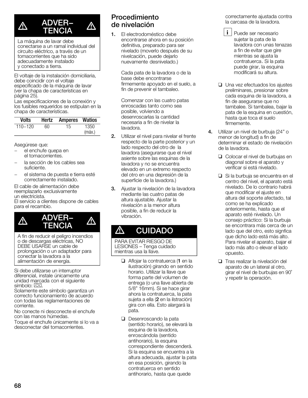 Siemens WFXD5202UC manual Procedimiento Deenivelación, Para Evitar Riesgo 