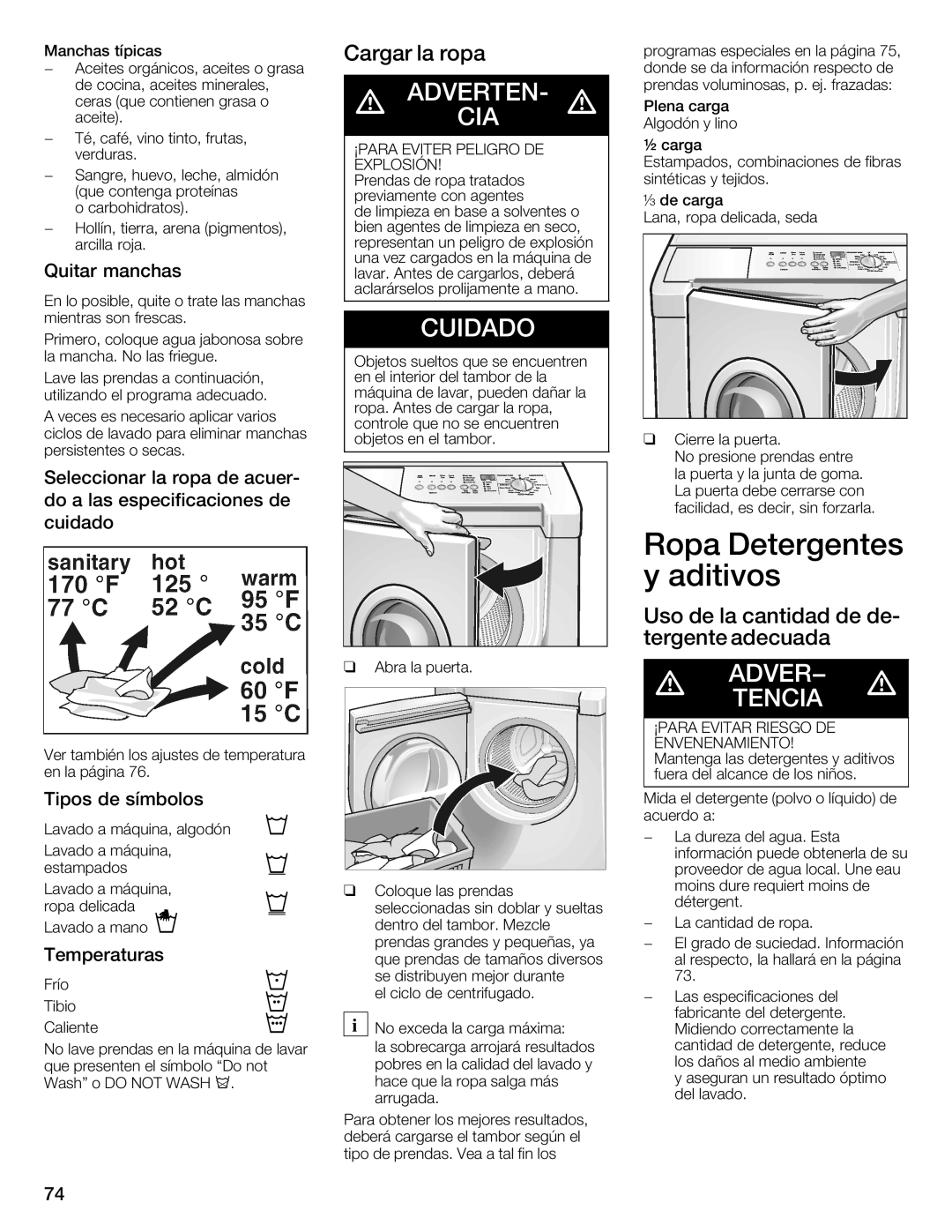 Siemens WFXD5202UC manual Ropa Detergentes yeaditivos, Uso de la cantidad de de tergente adecuada, Tipos De símbolos 