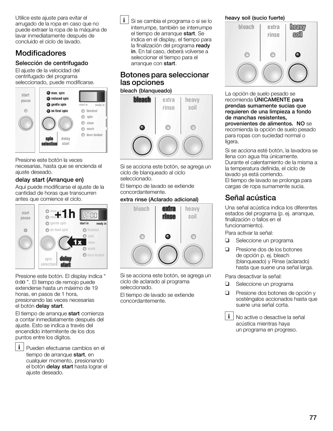 Siemens WFXD5202UC manual Modificadores, Botones Para Seleccionar, Las Opciones, Señal Acústica 