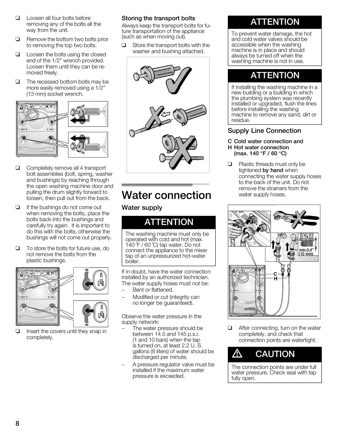 Siemens WFXD5202UC manual Supply Line Connection, Storing Transport Bolts 