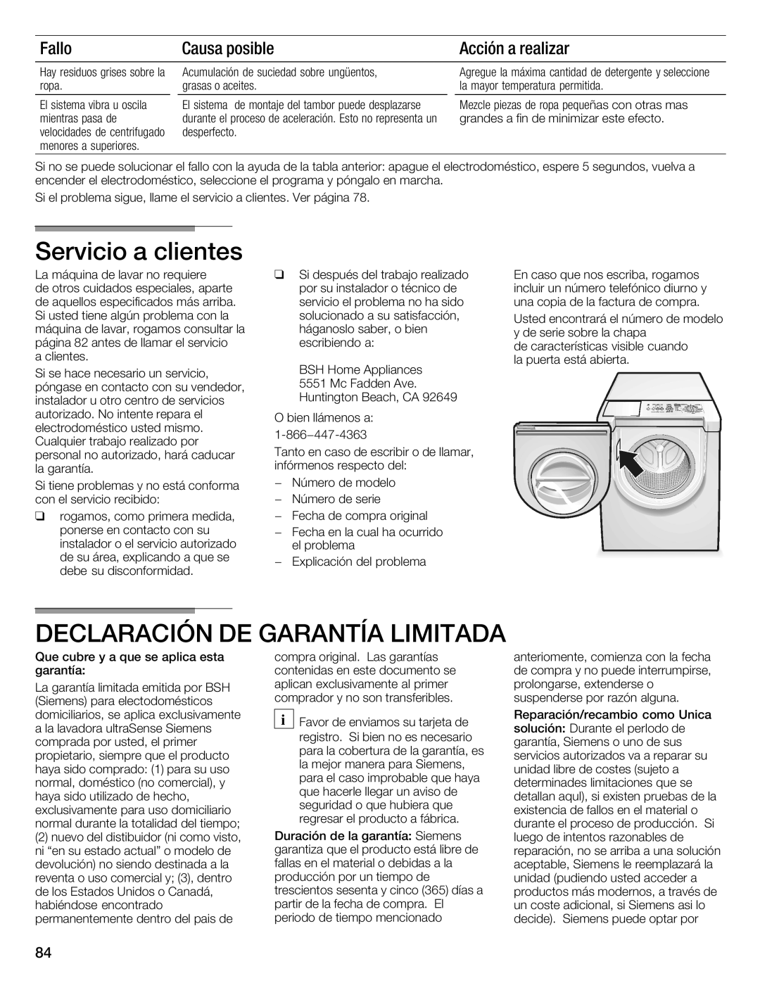 Siemens WFXD5202UC manual Servicio a clientes, Declaración, Limitada, Acción Realizar 