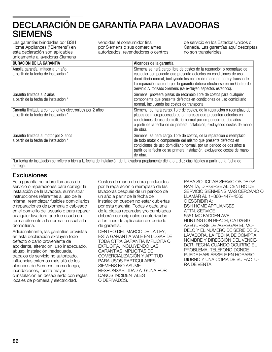 Siemens WFXD5202UC manual Declaración DE Garantía PARAeLAVADORAS, Siemens, Exclusiones 