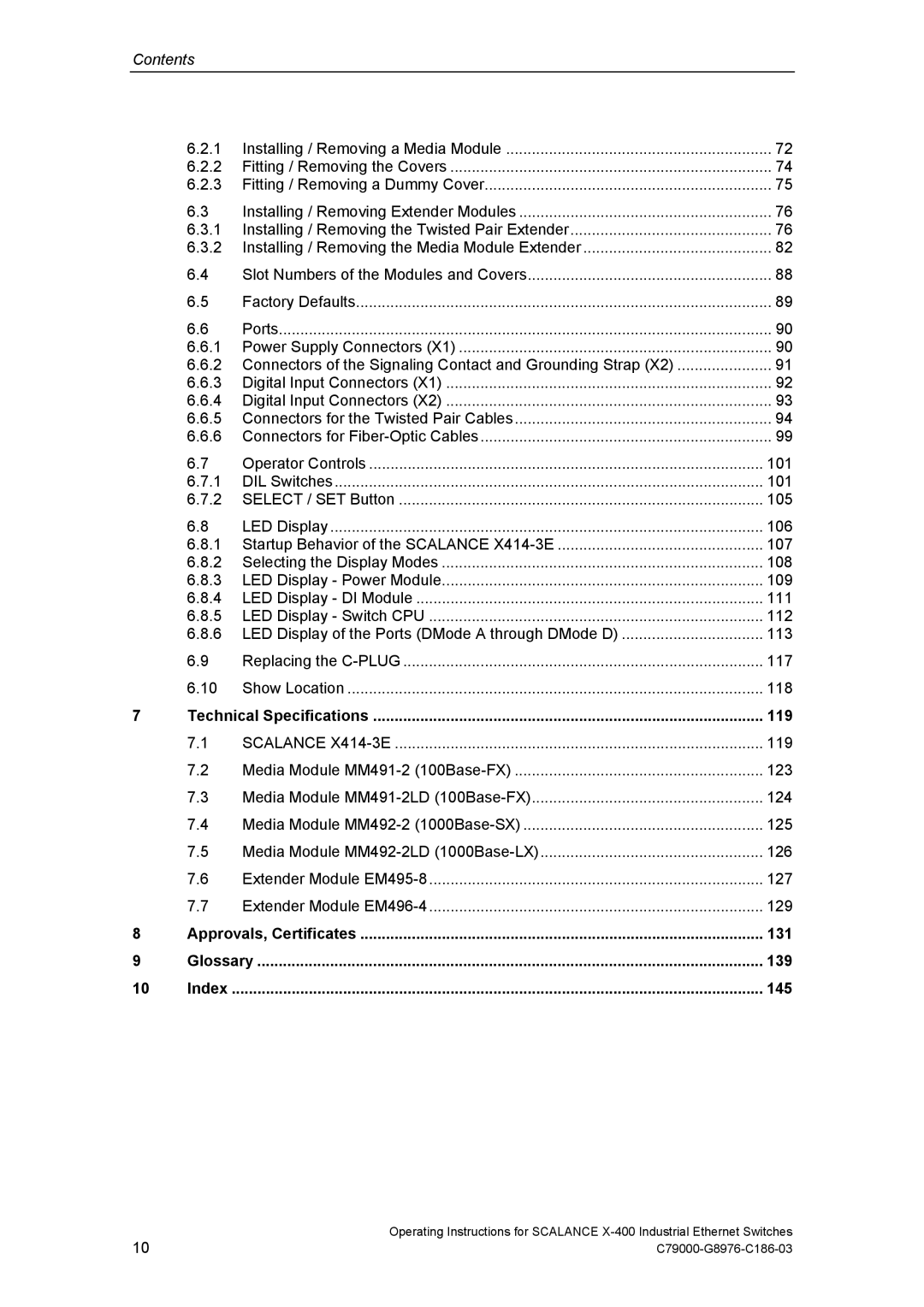 Siemens X-400 technical specifications 119, 131, 139, Index 145 