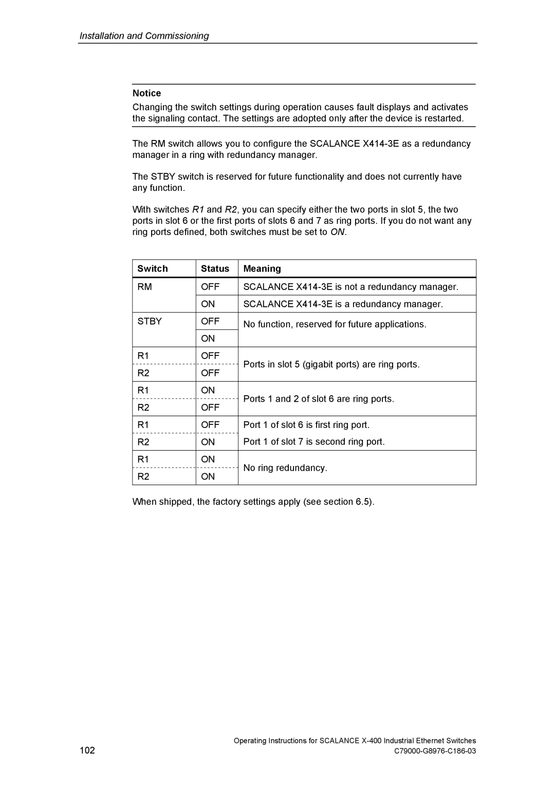 Siemens X-400 technical specifications Switch Status Meaning 