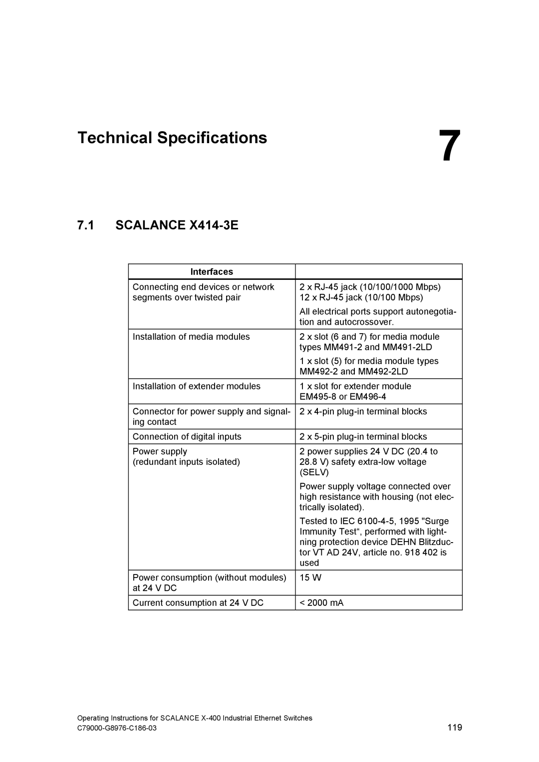 Siemens X-400 technical specifications Technical Specifications, Interfaces 