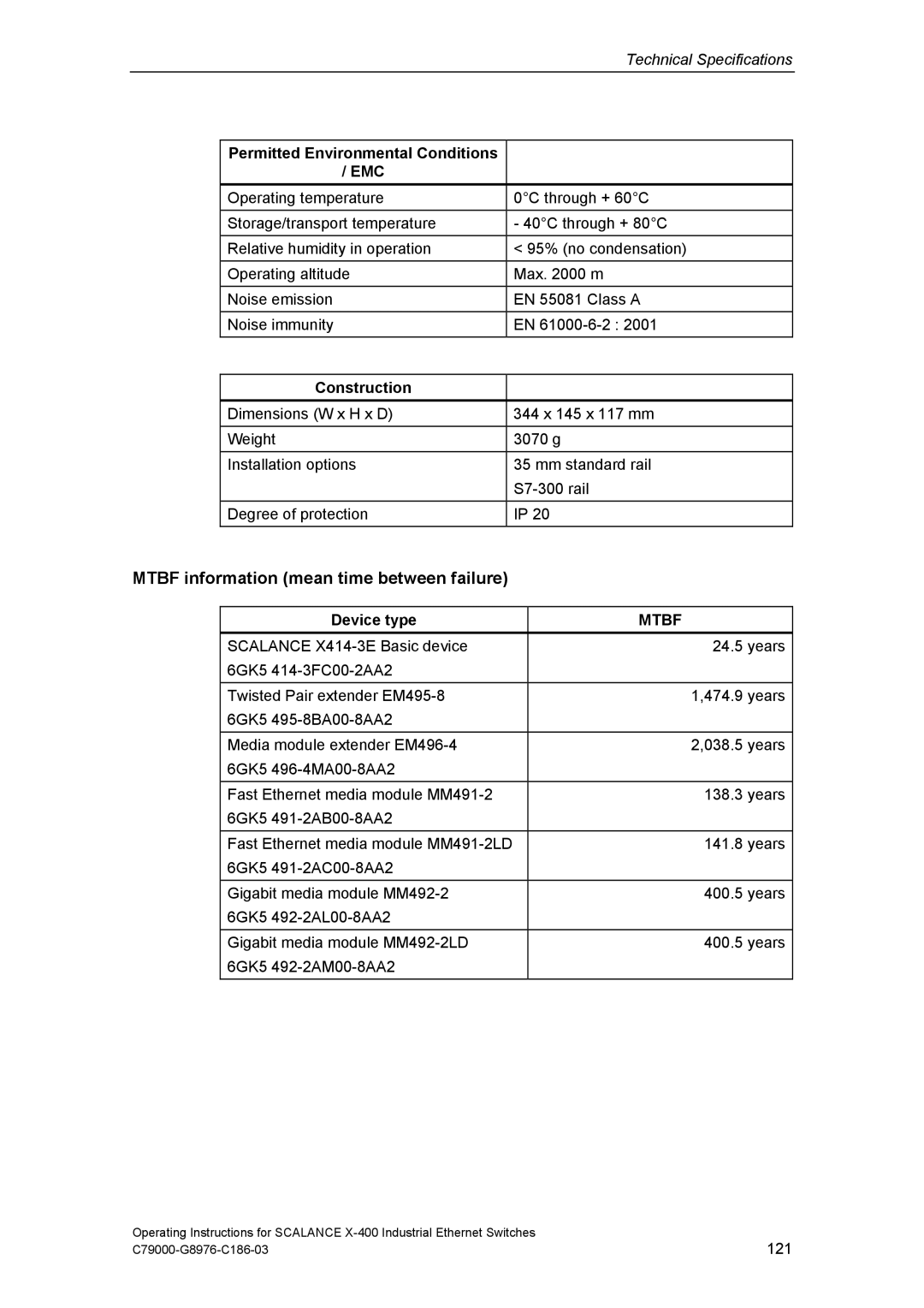 Siemens X-400 Mtbf information mean time between failure, Permitted Environmental Conditions, Construction, Device type 