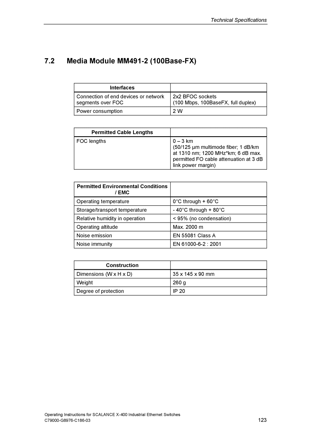 Siemens X-400 technical specifications Media Module MM491-2 100Base-FX, Interfaces 