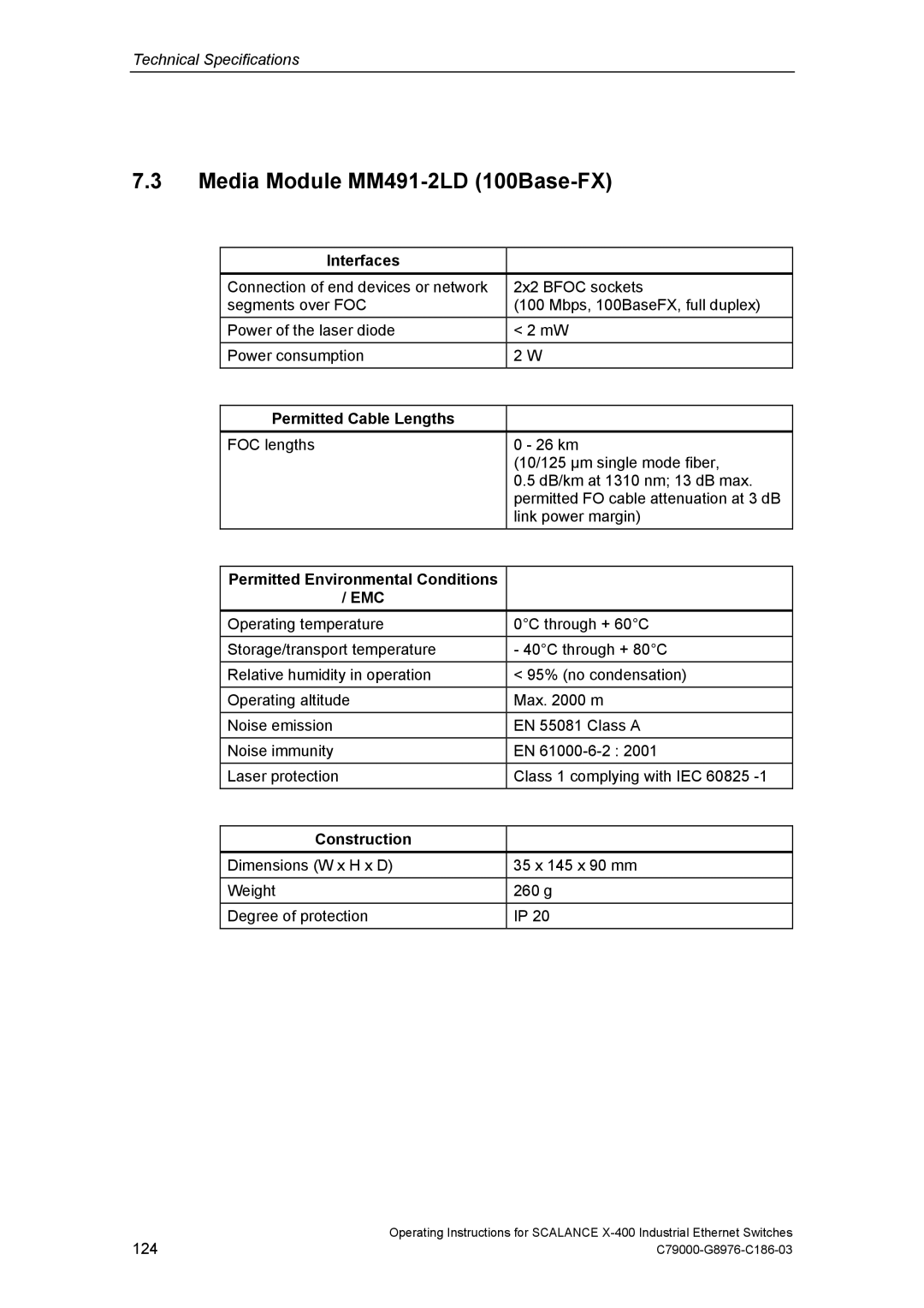 Siemens X-400 technical specifications Media Module MM491-2LD 100Base-FX 