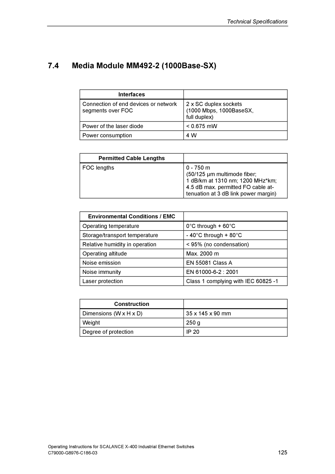 Siemens X-400 technical specifications Media Module MM492-2 1000Base-SX, Environmental Conditions / EMC 