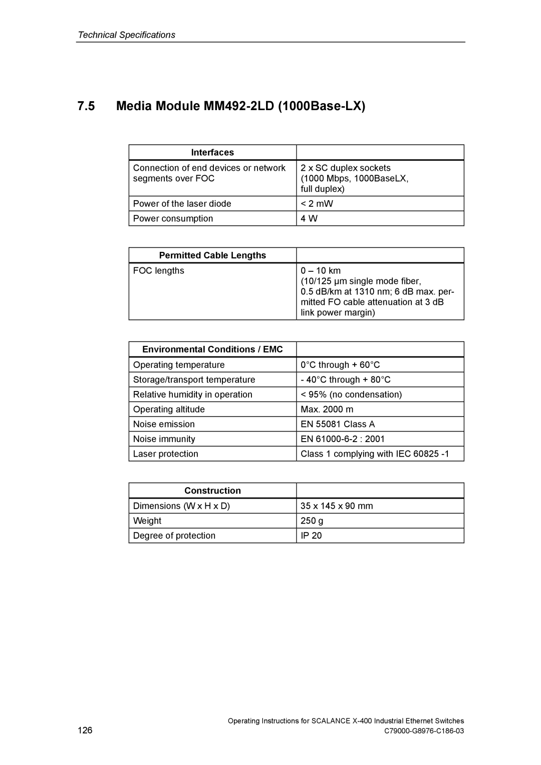 Siemens X-400 technical specifications Media Module MM492-2LD 1000Base-LX 