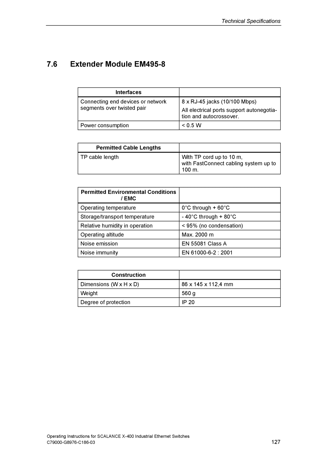 Siemens X-400 technical specifications Extender Module EM495-8, Permitted Environmental Conditions 