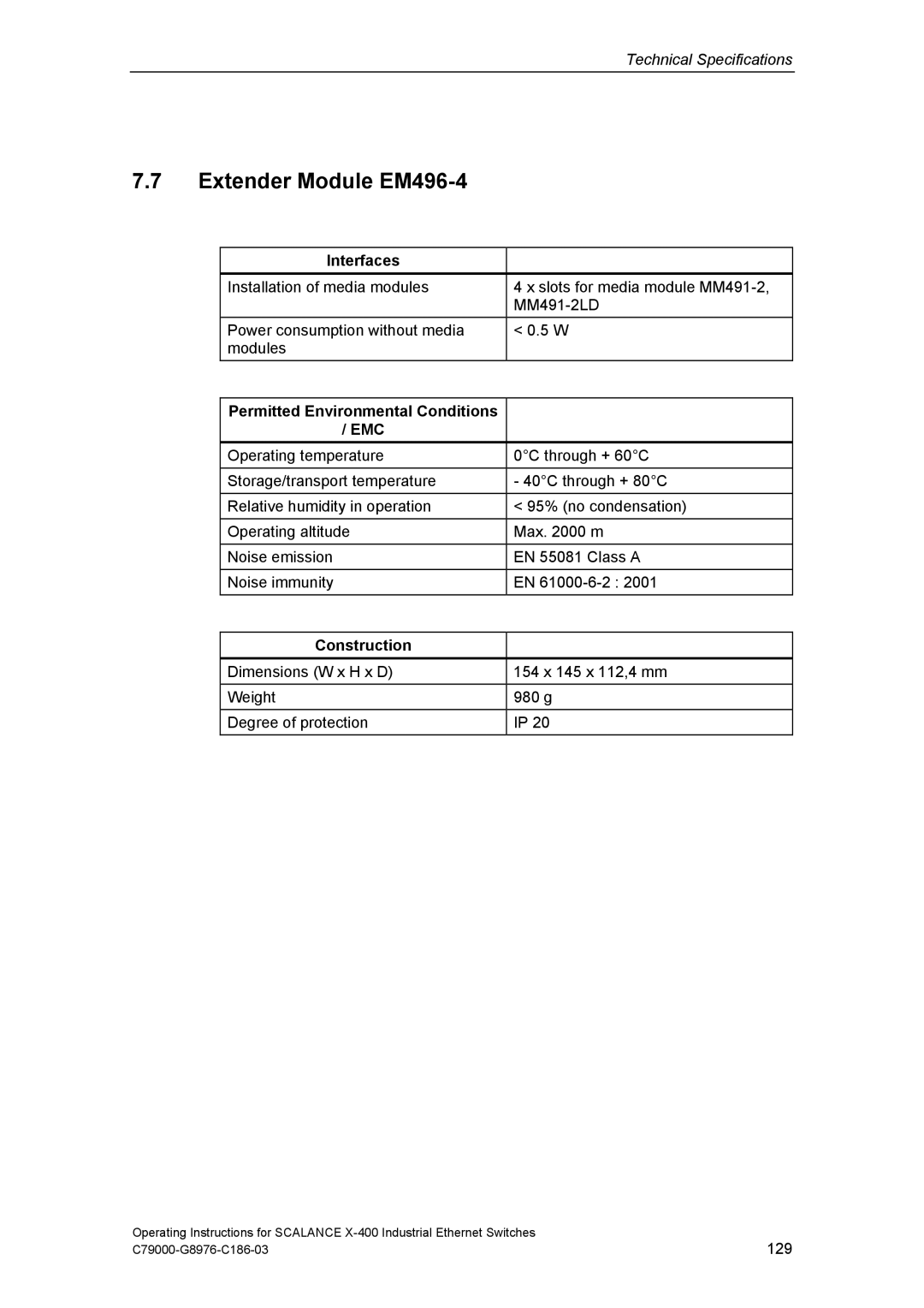 Siemens X-400 technical specifications Extender Module EM496-4, 129 