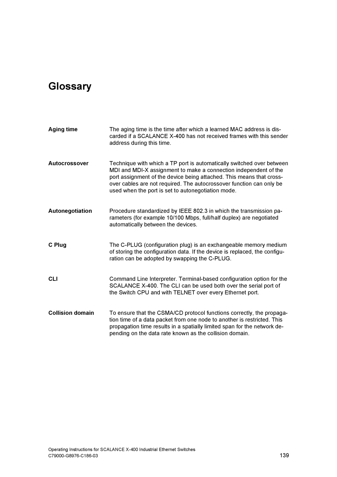 Siemens X-400 technical specifications Glossary, Aging time, Autocrossover, Autonegotiation, Collision domain 