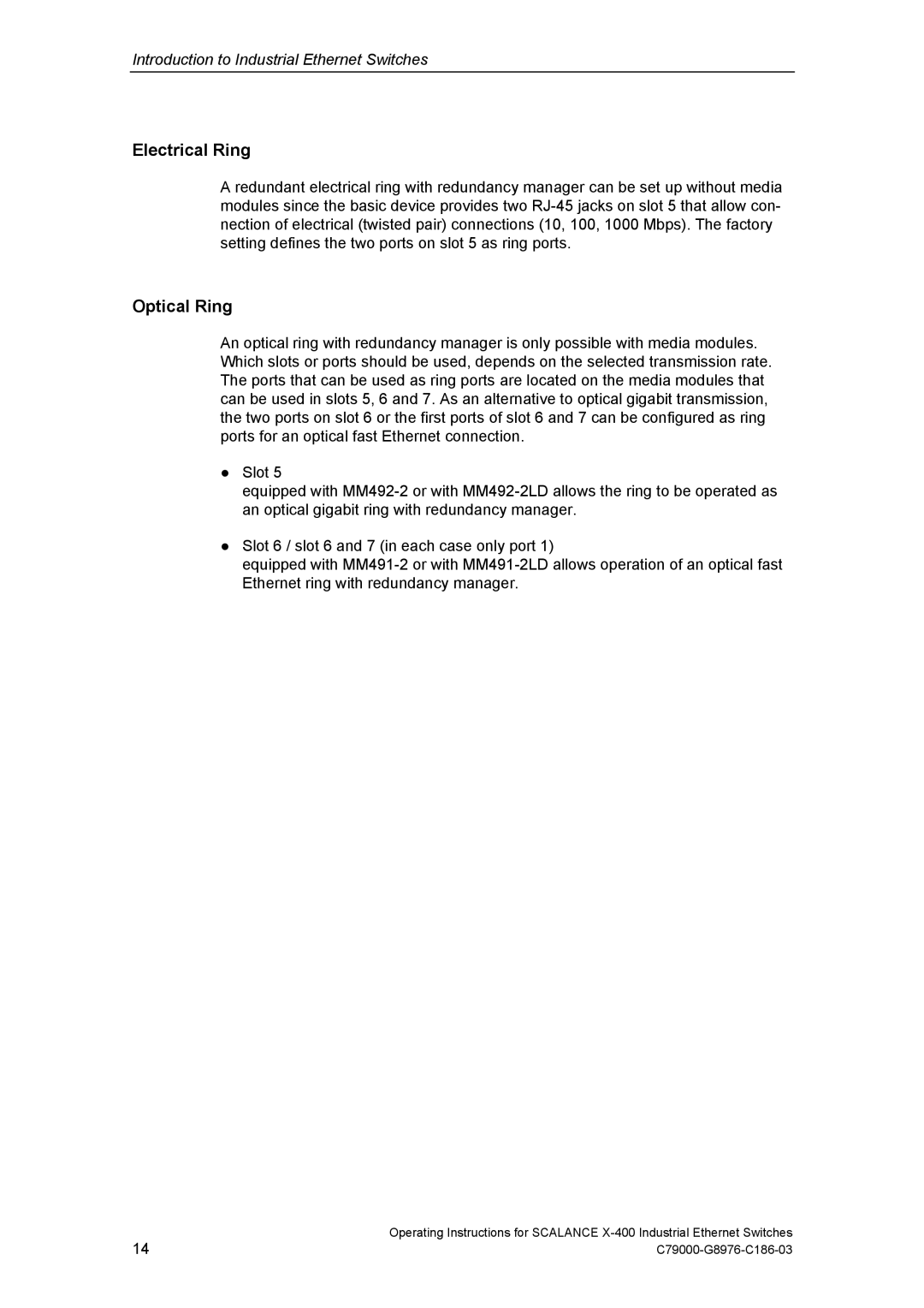 Siemens X-400 technical specifications Electrical Ring, Optical Ring 