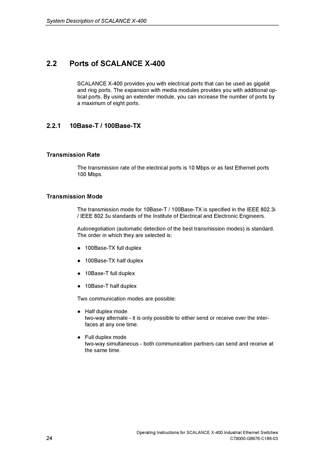 Siemens X-400 technical specifications Ports of Scalance, 1 10Base-T / 100Base-TX, Transmission Rate, Transmission Mode 