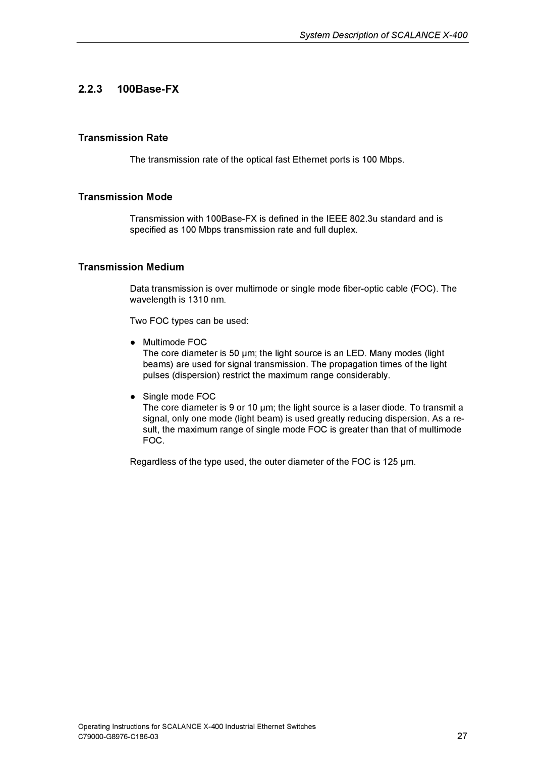 Siemens X-400 technical specifications 3 100Base-FX 