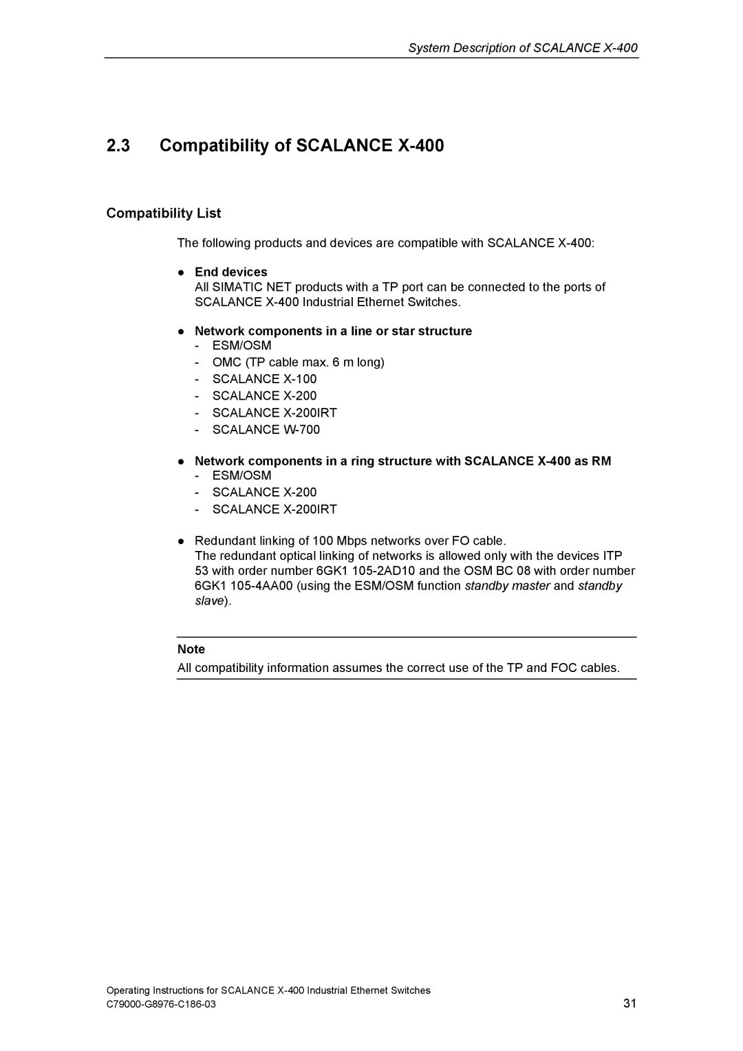 Siemens X-400 Compatibility of Scalance, Compatibility List, End devices, Network components in a line or star structure 