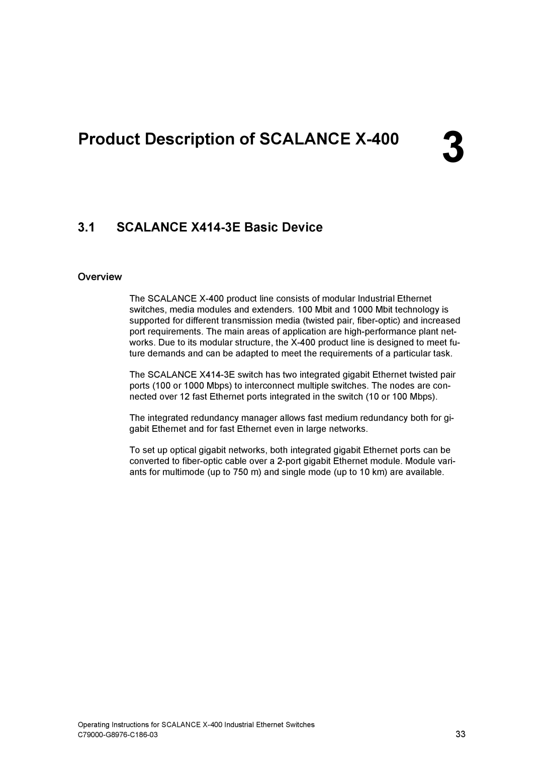 Siemens X-400 technical specifications Product Description of Scalance, Scalance X414-3E Basic Device, Overview 