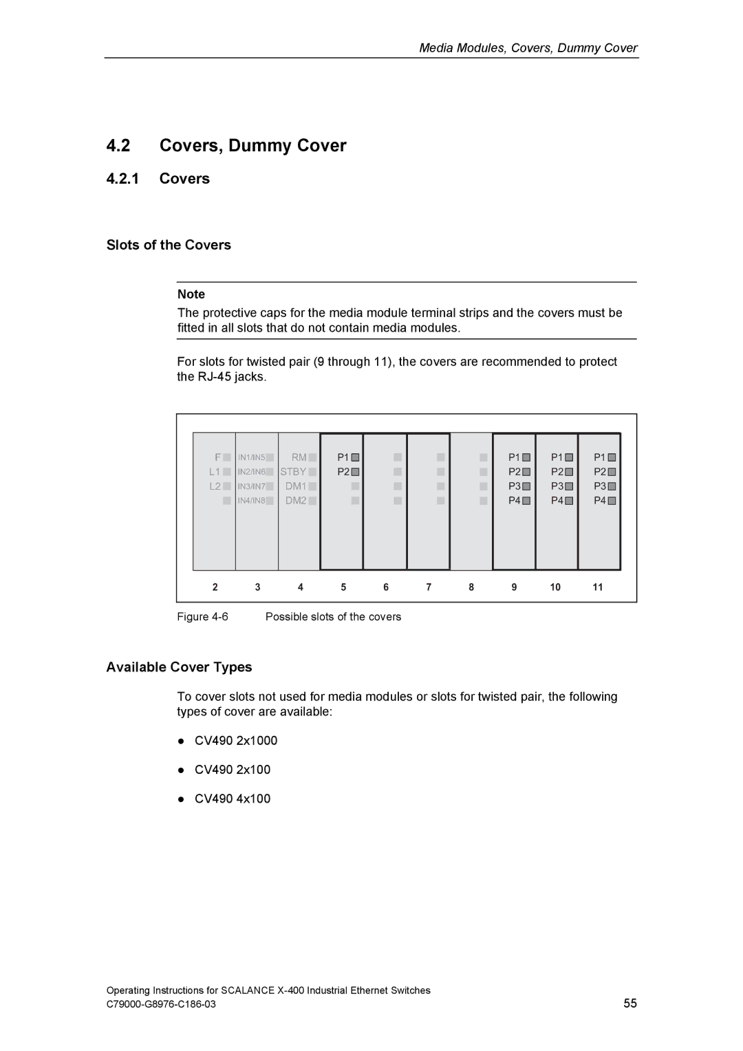 Siemens X-400 technical specifications Covers, Dummy Cover, Slots of the Covers, Available Cover Types 