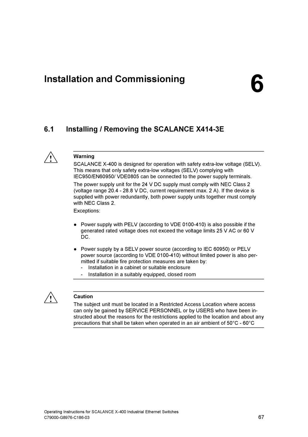 Siemens X-400 technical specifications Installation and Commissioning, Installing / Removing the Scalance X414-3E 