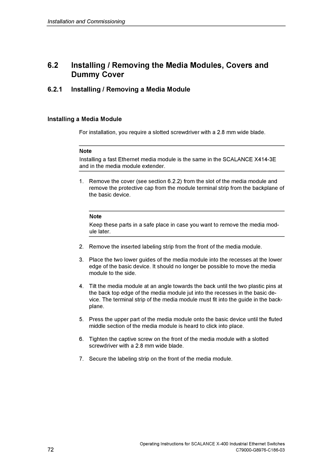 Siemens X-400 technical specifications Installing / Removing a Media Module, Installing a Media Module 