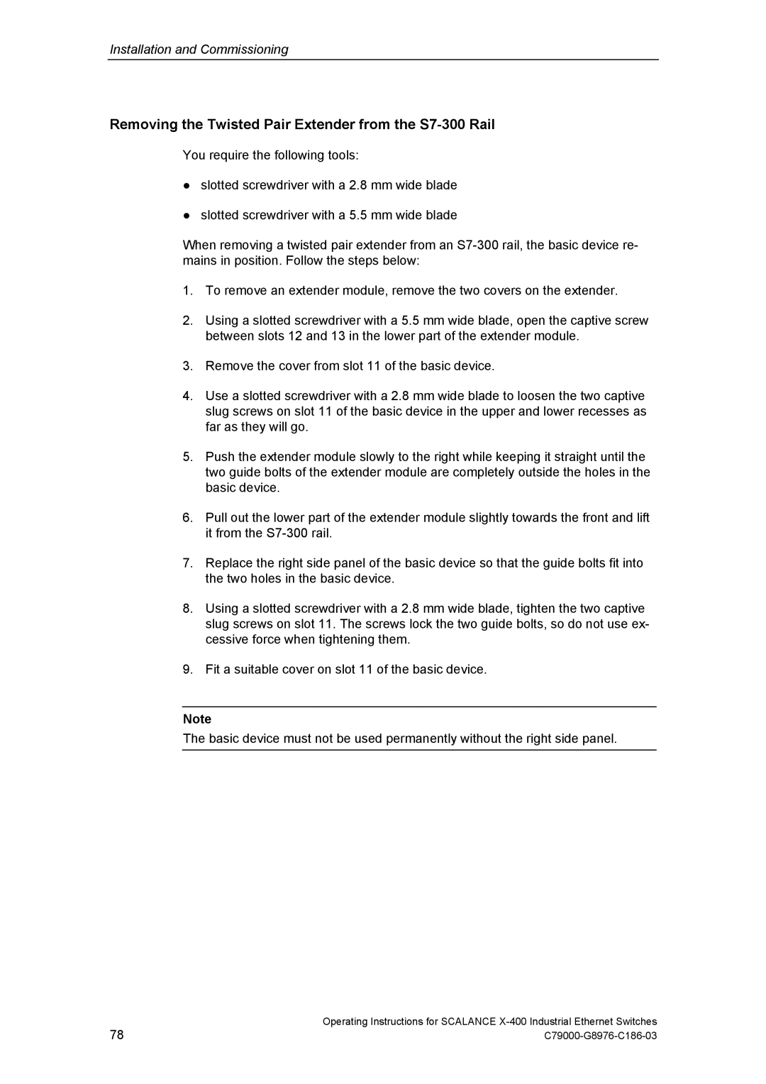 Siemens X-400 technical specifications Removing the Twisted Pair Extender from the S7-300 Rail 