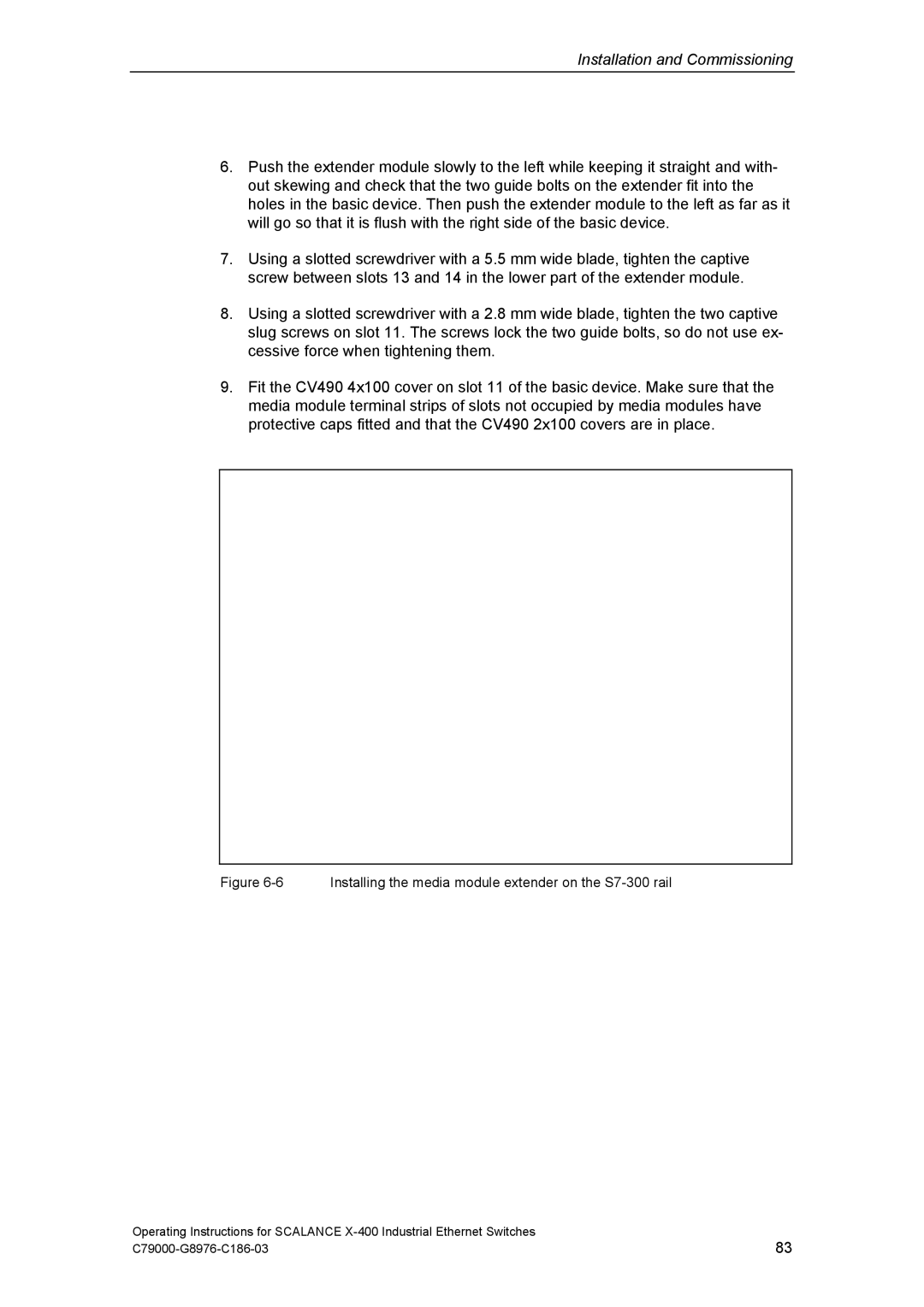 Siemens X-400 technical specifications Installing the media module extender on the S7-300 rail 