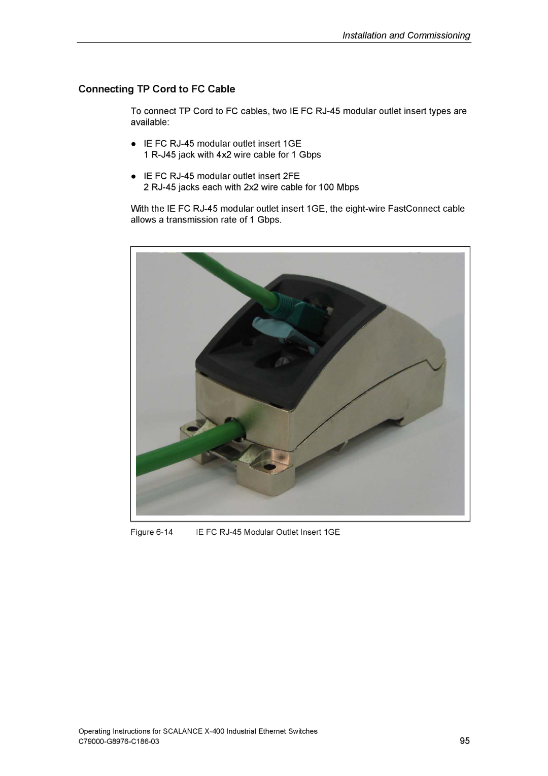 Siemens X-400 technical specifications Connecting TP Cord to FC Cable, IE FC RJ-45 Modular Outlet Insert 1GE 