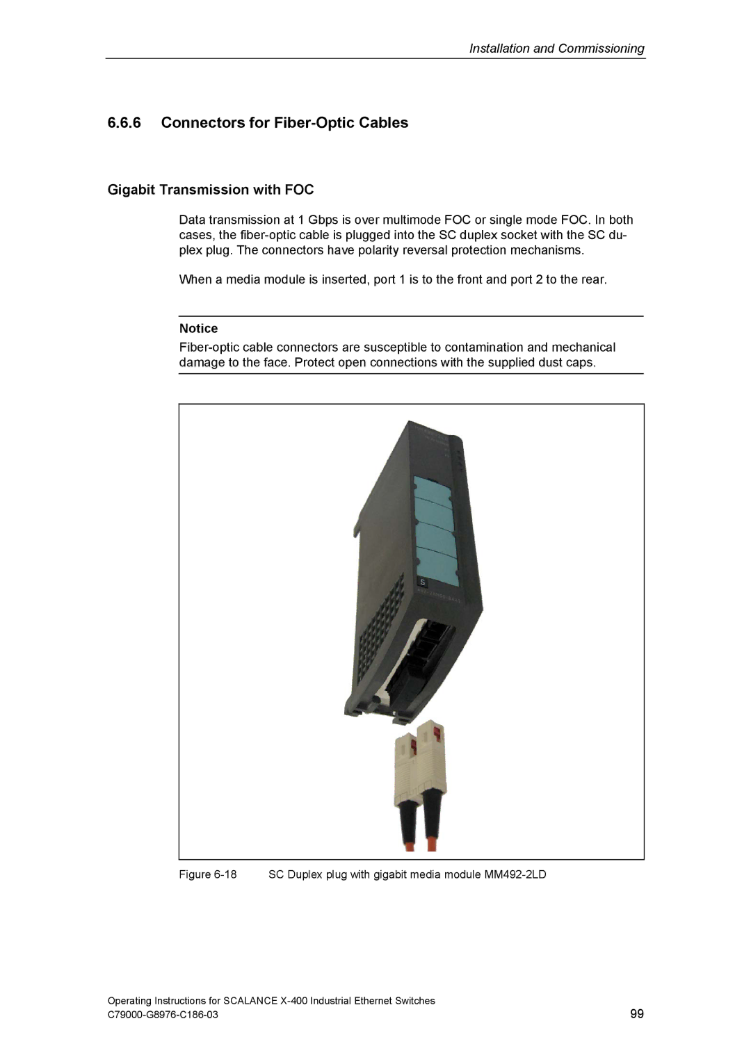 Siemens X-400 technical specifications Connectors for Fiber-Optic Cables, Gigabit Transmission with FOC 