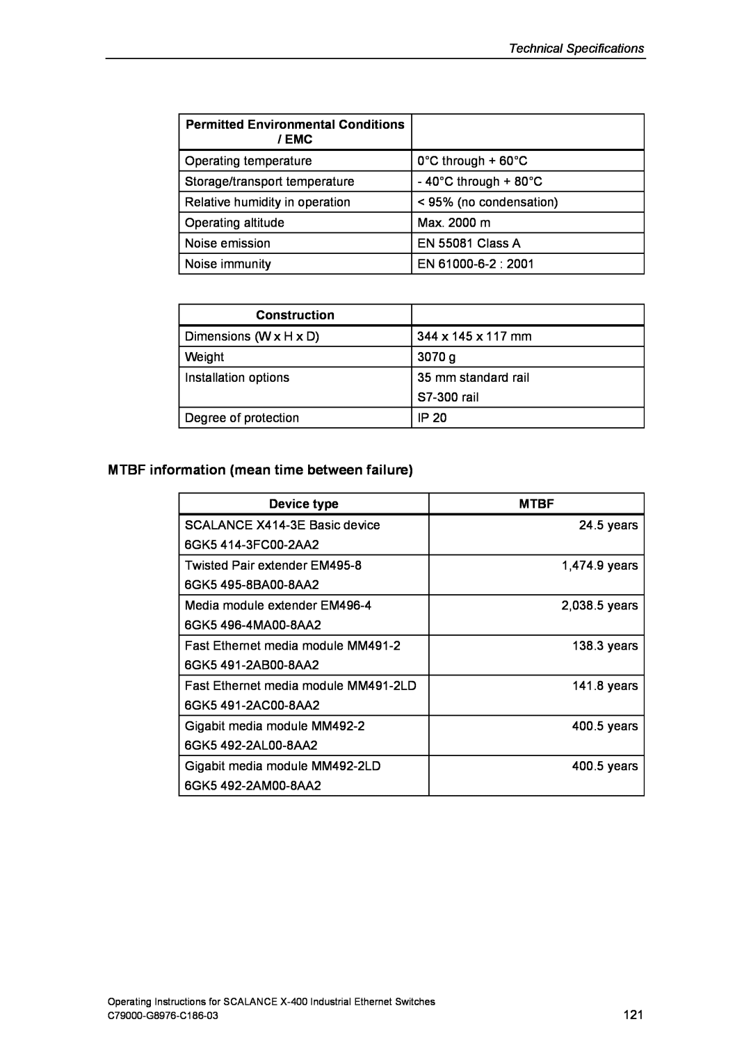 Siemens X-400 MTBF information mean time between failure, Technical Specifications, Permitted Environmental Conditions 