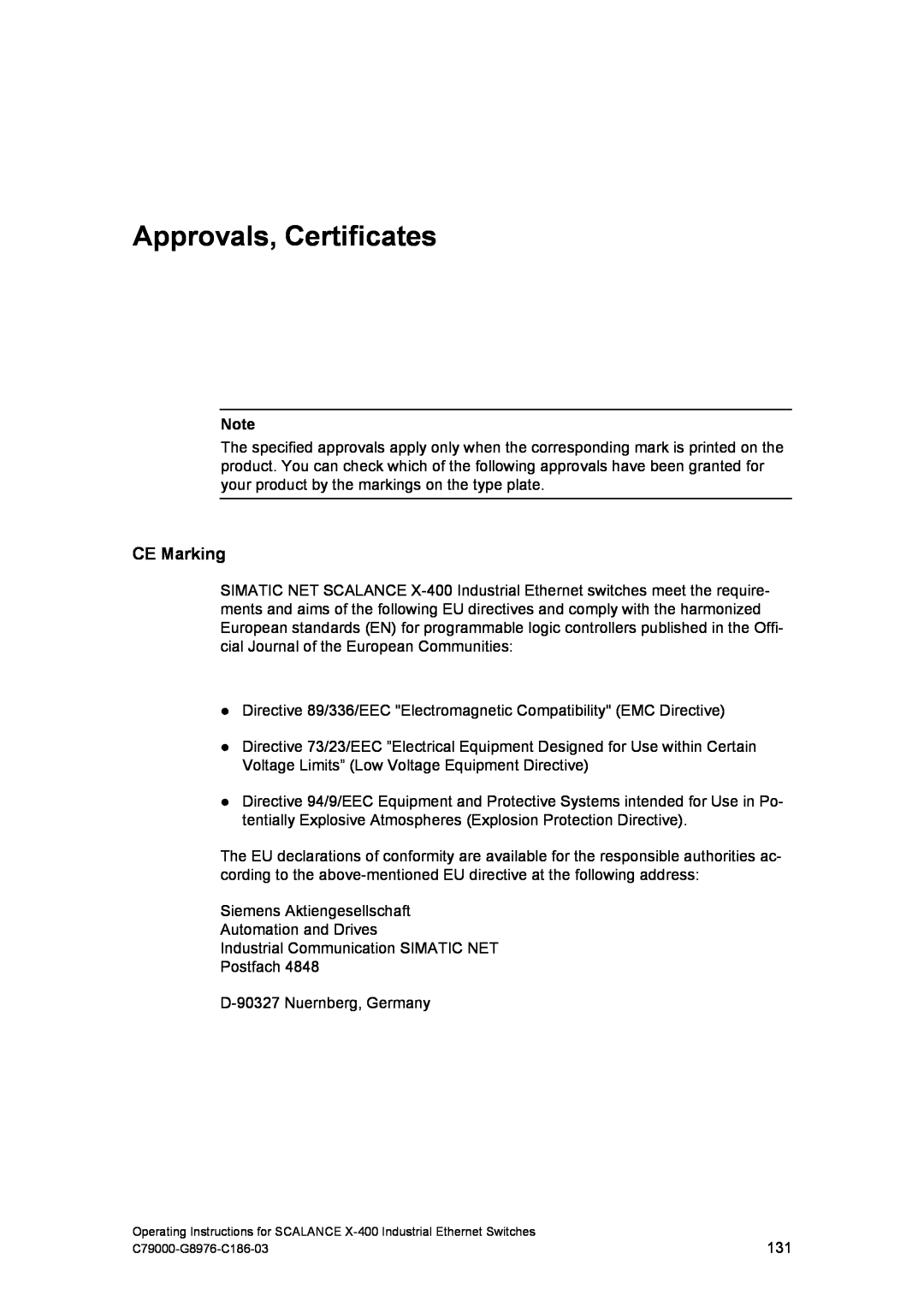 Siemens X-400 technical specifications Approvals, Certificates, CE Marking 