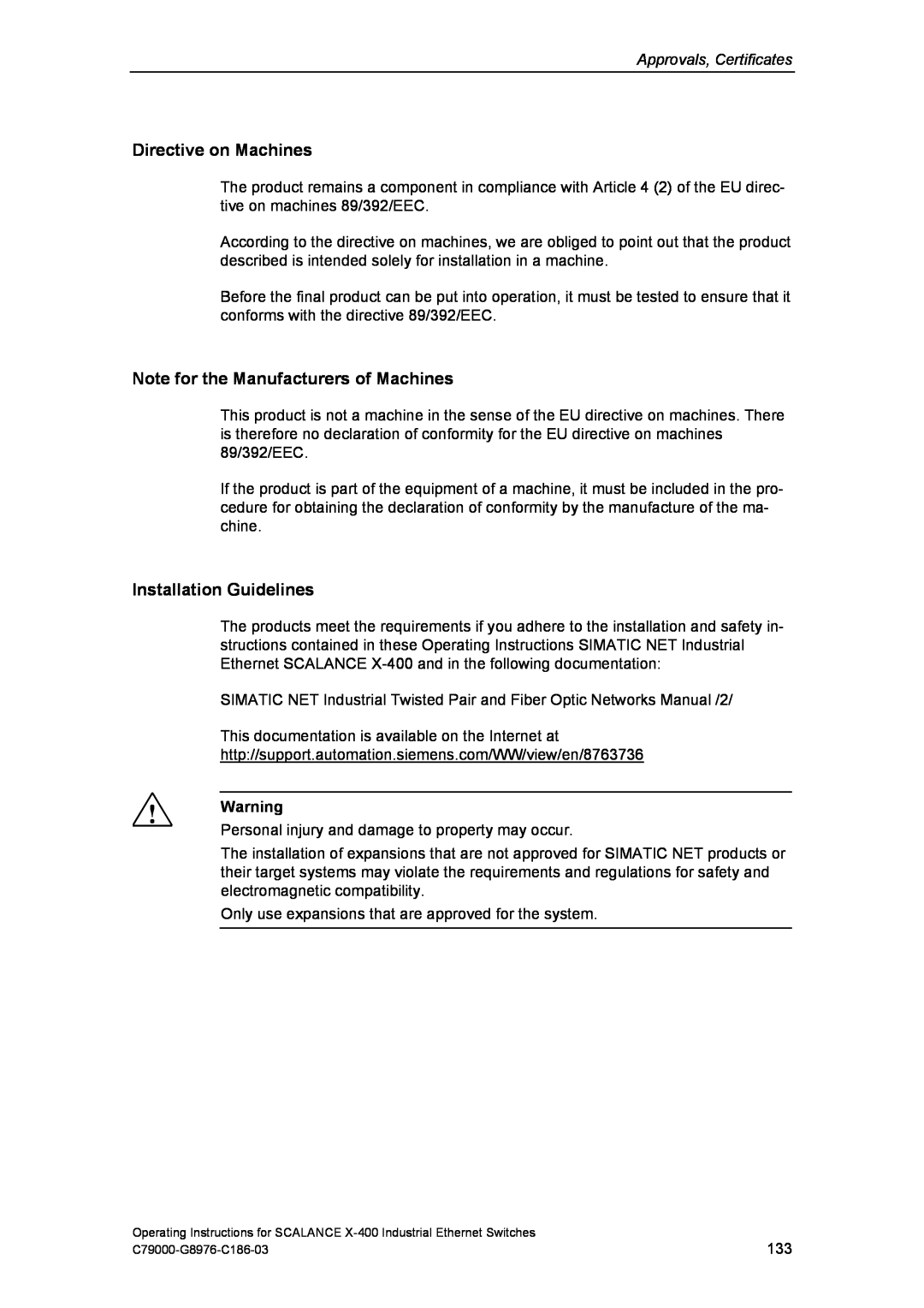 Siemens X-400 Directive on Machines, Note for the Manufacturers of Machines, Installation Guidelines 