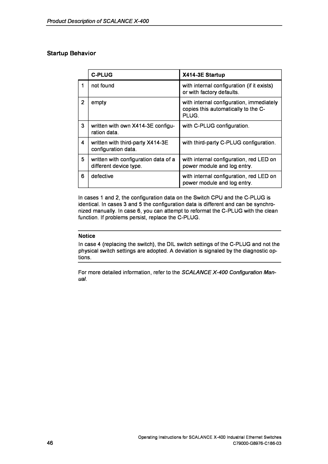 Siemens X-400 technical specifications Startup Behavior, Product Description of SCALANCE, C-Plug, X414-3E Startup 