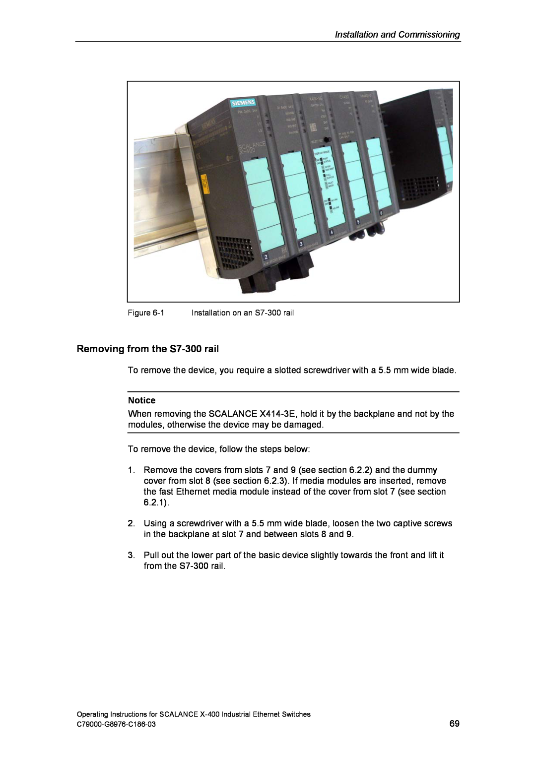 Siemens X-400 technical specifications Removing from the S7-300 rail, Installation and Commissioning 