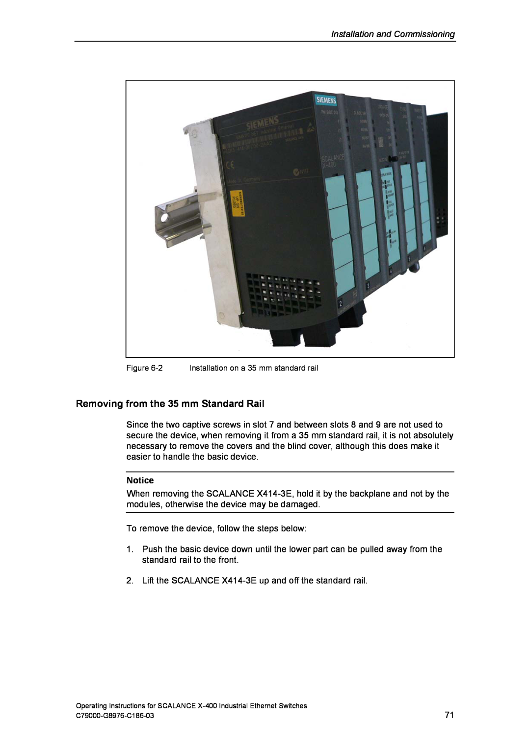 Siemens X-400 technical specifications Removing from the 35 mm Standard Rail, Installation and Commissioning 