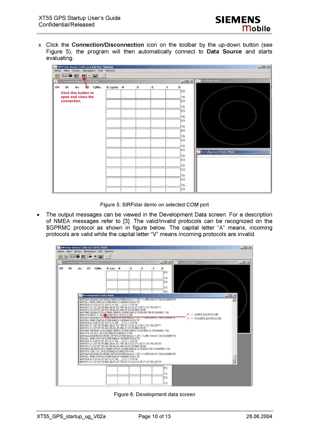 Siemens XT55 manual SiRFstar demo on selected COM port 