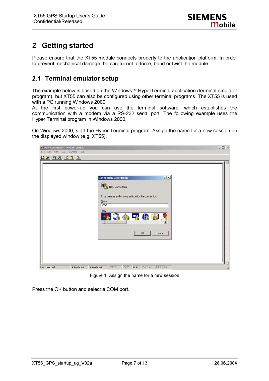 Siemens XT55 manual Getting started, Terminal emulator setup 