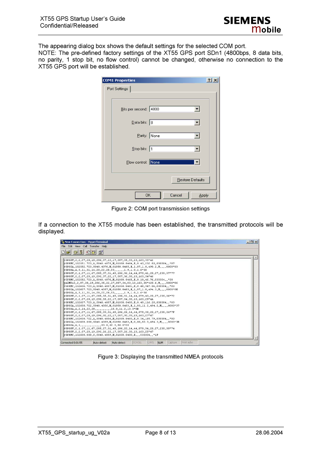 Siemens XT55 manual COM port transmission settings 