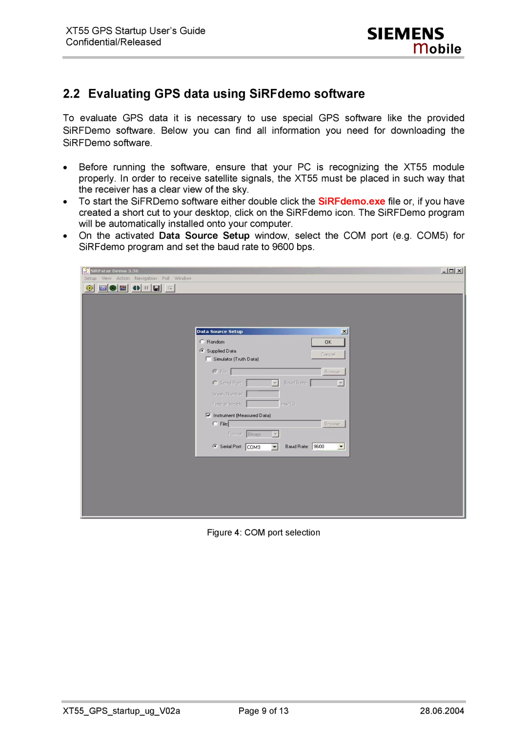 Siemens manual Evaluating GPS data using SiRFdemo software, COM port selection XT55GPSstartupugV02a 28.06.2004 