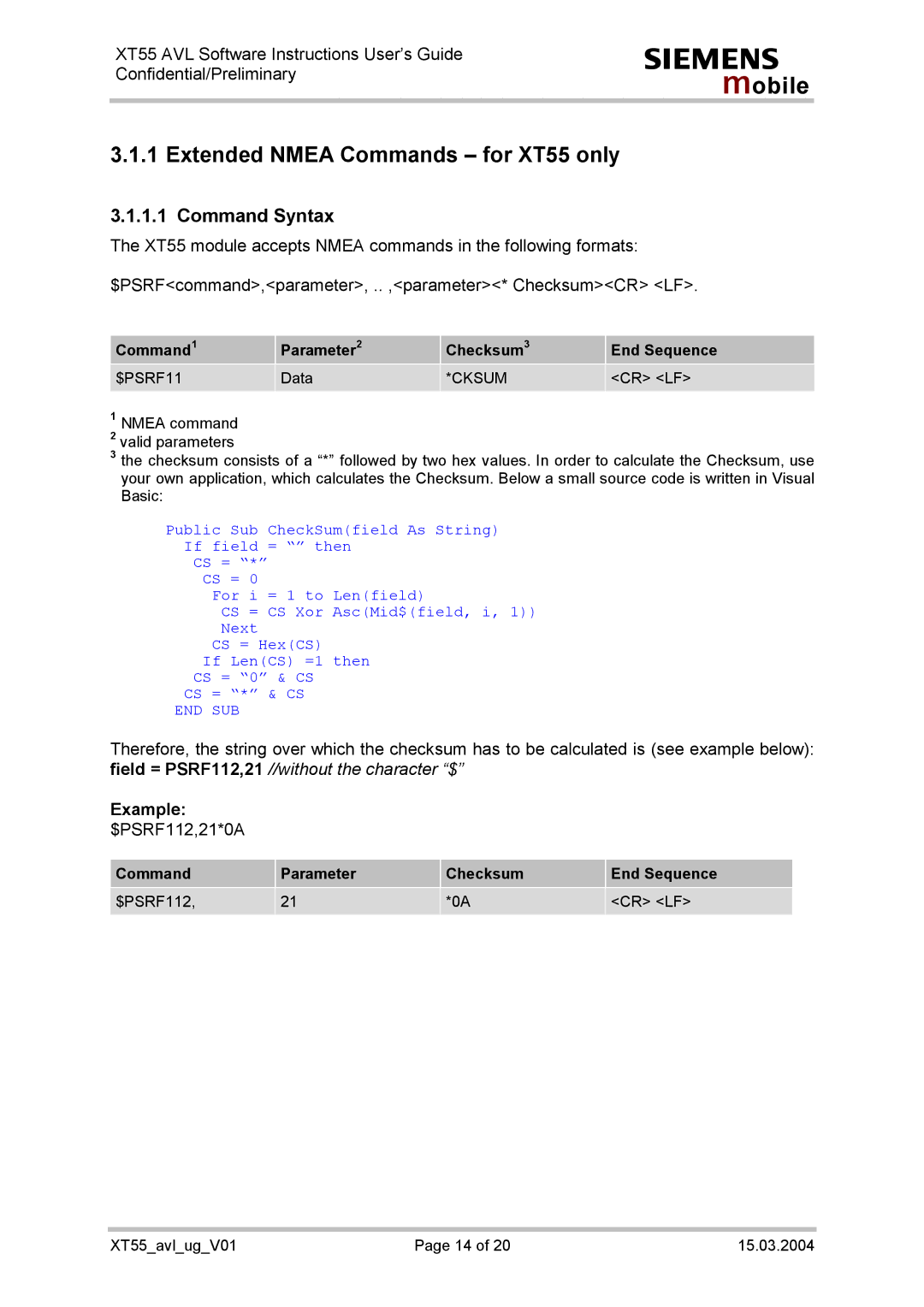 Siemens manual Extended Nmea Commands for XT55 only, Example 