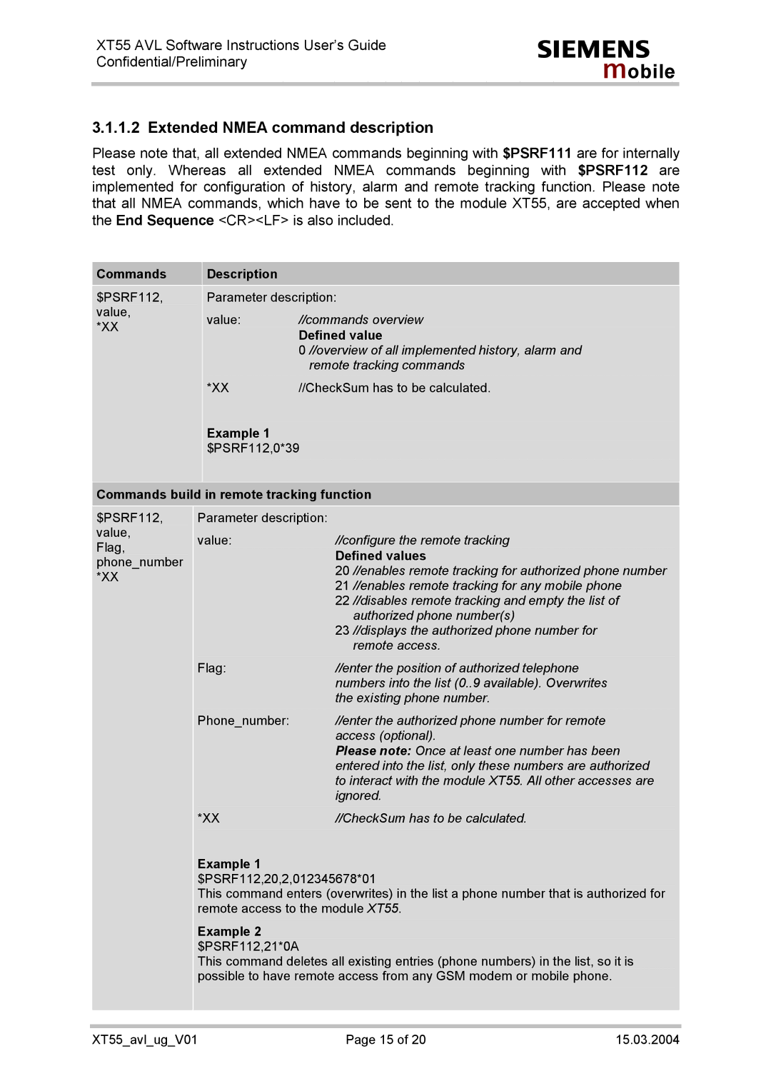 Siemens XT55 manual Description, Example, Commands build in remote tracking function, Defined values 