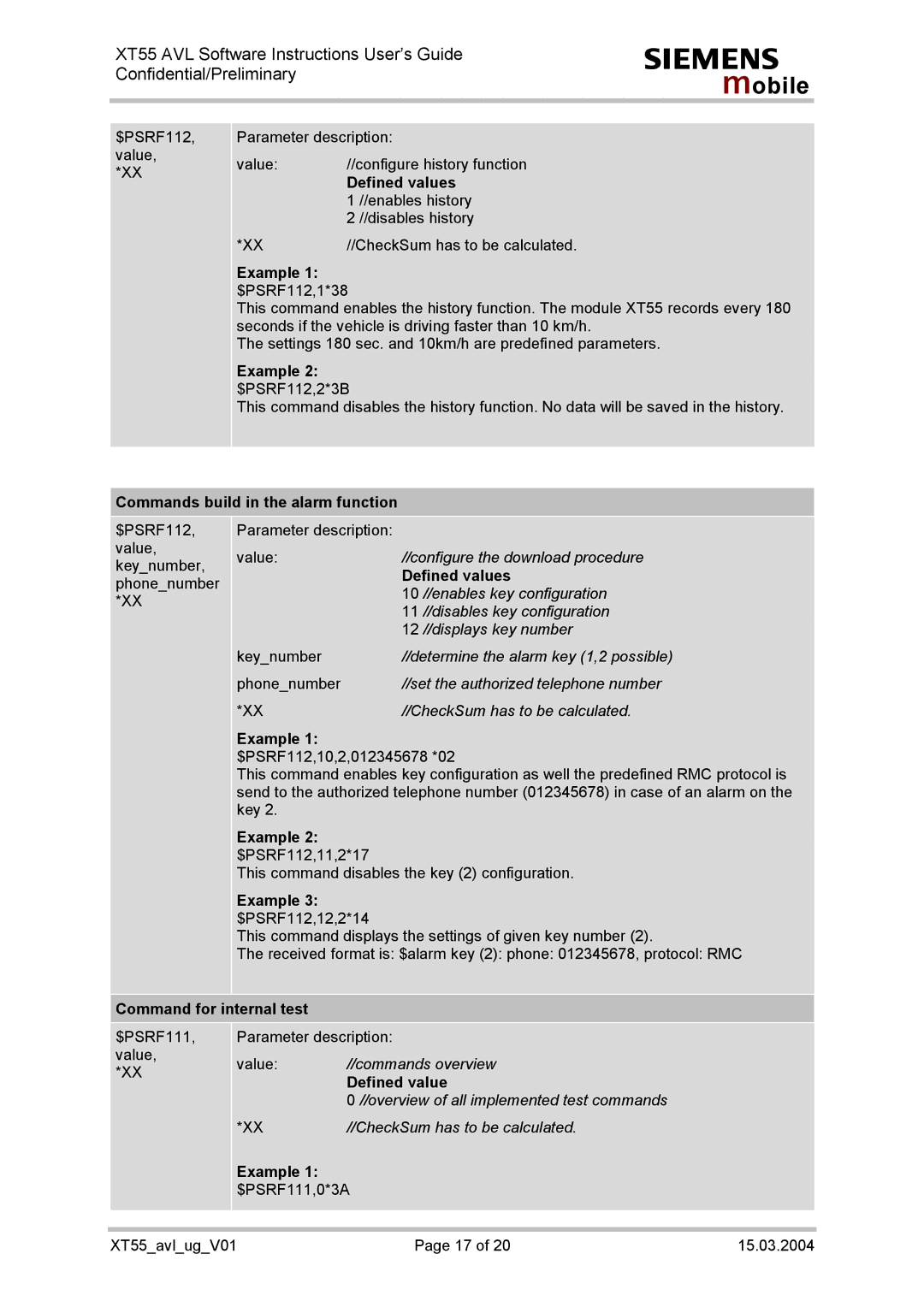 Siemens XT55 manual Commands build in the alarm function, Command for internal test 