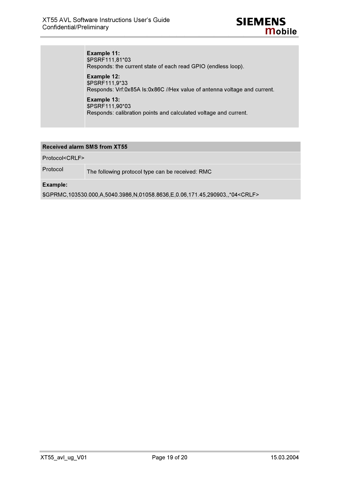 Siemens manual Received alarm SMS from XT55 