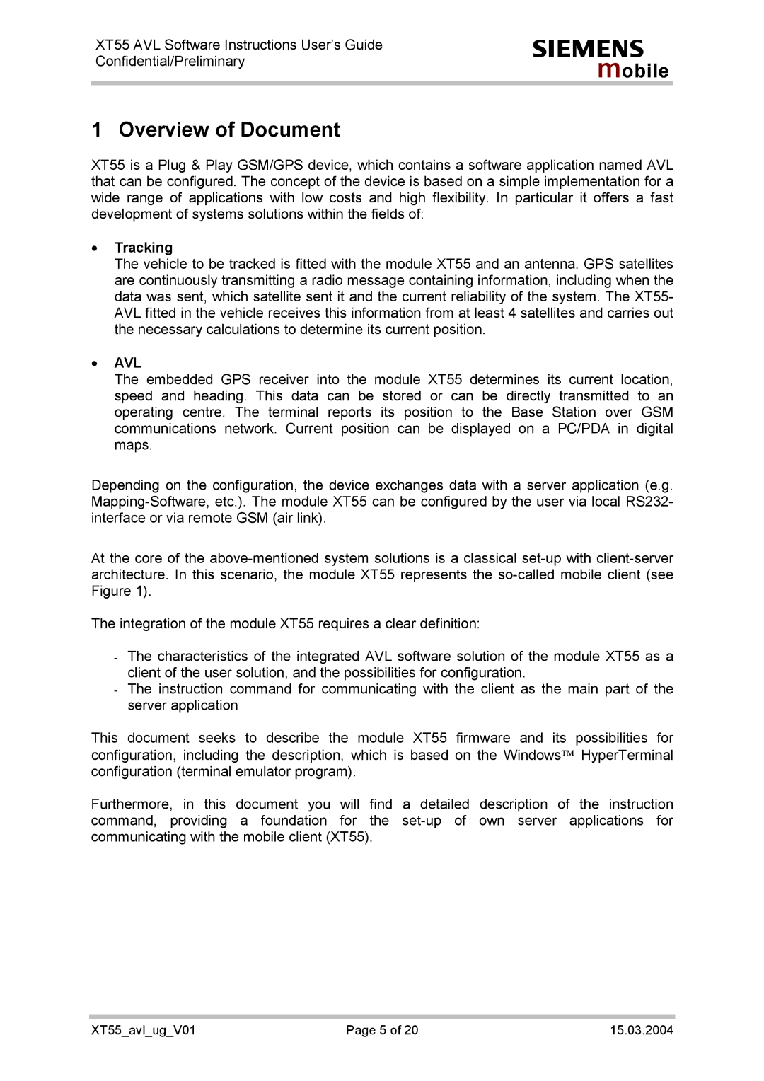 Siemens XT55 manual Overview of Document, Avl 